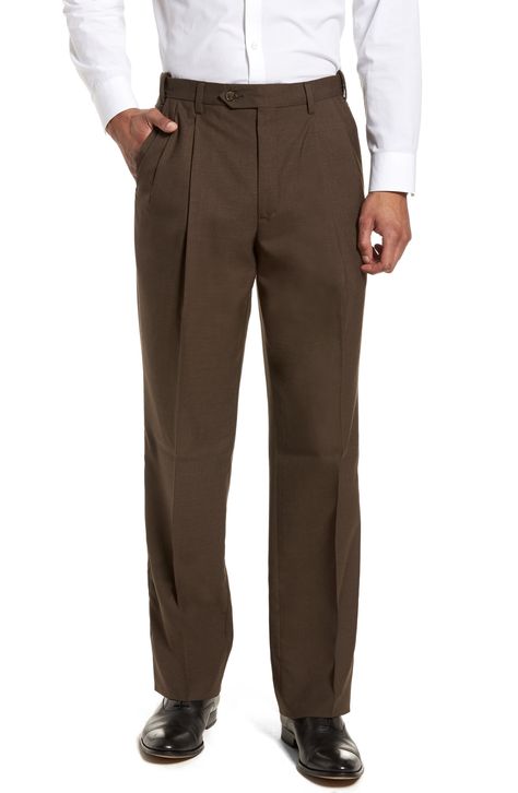 Men's Berle Self Sizer Waist Pleated Wool Gabardine Trousers, Size 42 x Unhemmed - Brown Mens High Waisted Trousers, Burgundy Chinos, Mens Pleated Pants, Chinos Men Outfit, Brown Pants Men, Dark Brown Pants, Slim Pants Men, Cuffed Trousers, Brown Slacks