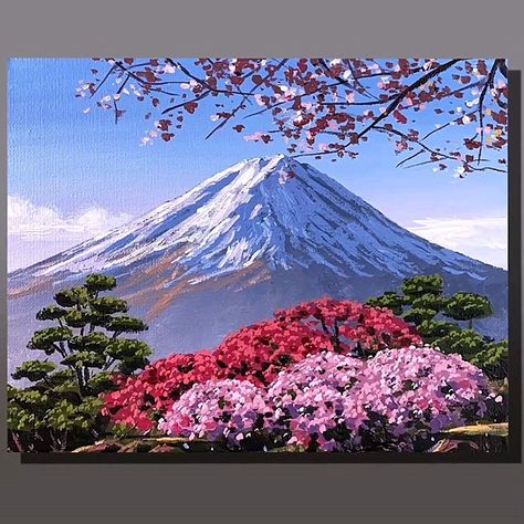 Mount Fuji Japan Acrylic Painting | Mount Fuji Japan Acrylic Painting Color used : Titanium white, Black, Primary Blue, Primary Red, Cadmium Yellow Medium, Deep Green #art #artist... | By El Drawing Arts Mount Fuji Painting Watercolor, Mount Fuji Painting Acrylic, Japan Oil Painting, Japan Acrylic Painting, Japan Painting Acrylic, Mt Fuji Painting, Mount Fuji Painting, Mount Fuji Japan, Fuji Japan