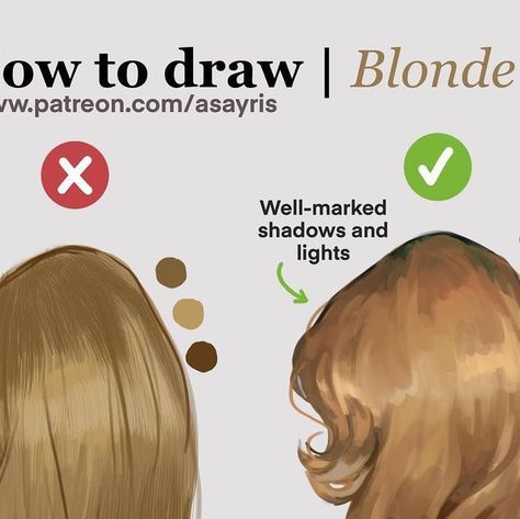 Asayris on Instagram: "Avoid drawing blonde hair from this form ‼️ On my Patreon you will find a step-by-step written tutorial in which I show you how to draw the hair on the right 👉🏻✅ #arttutorial #sketch #dovsdont #drawing #drawingskills #photoshop #anatomyart #digitalart" #photoshop #photoshoptutorial #photoshoptips #photoshoptricks #photoshopideas #photoshopeffects #photoshopdigitalbackground #photoshopshortcut #photoshopstyles Blond Hair Reference Drawing, How To Draw Hair Color, Digital Art Blonde Hair, Hair Shade Drawing, Blonde Hair Reference Art, Blonde Hair Tutorial Drawing, Blonde Hair Drawing Reference, Blond Hair Shades, How To Color Blonde Hair Drawing