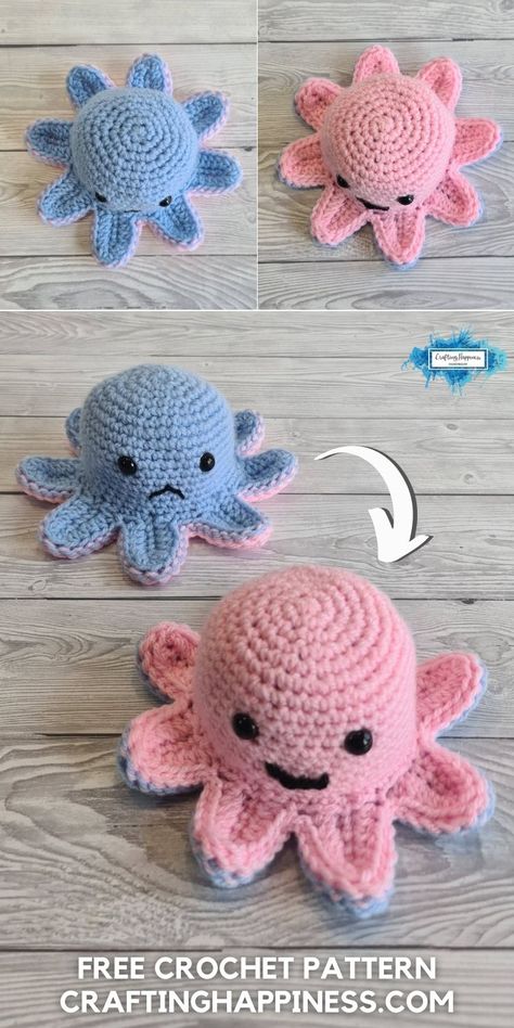 Crochet Reversible Octopus Plush Mood Toy, no sewing required. Free crochet pattern and step by step video tutorial by Crafting Happiness. Reversible Mood Octopus Crochet Pattern Free, Cute Octopus Crochet Pattern Free, Crochet Plush Toys Free Pattern, Free Crochet Mini Octopus Pattern, Crochet Patterns Octopus Free, Diy Reversible Octopus, Reverse Octopus Crochet, Reversable Octopus Crochet Pattern, Reversable Octopus Plushy Aesthetic