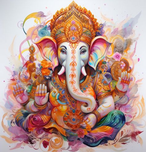 Drawing In Canvas, Ganesh Drawing, Painting Ganesha, Multicolor Background, Ganpati Bappa Morya, Ganesh Art Paintings, Bappa Morya, Lion Tattoo Design, Ganesh Art