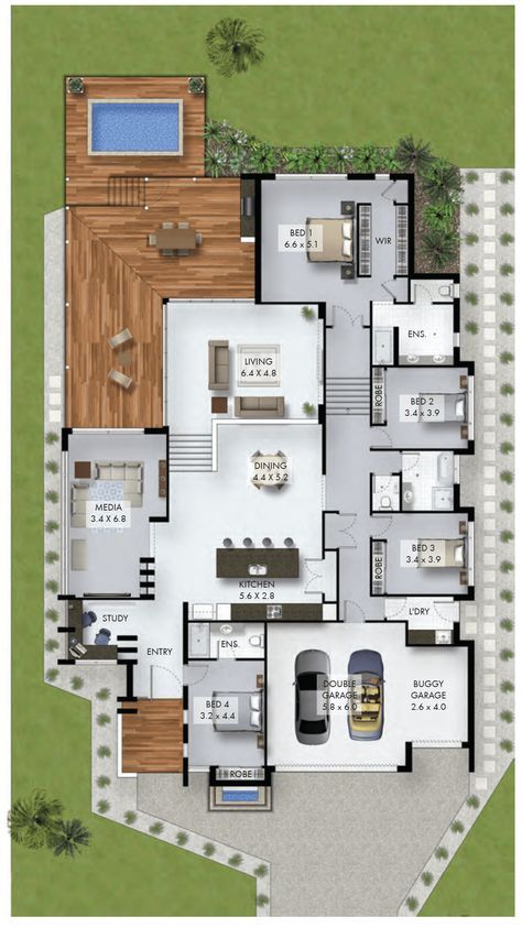 Floor Plan Friday: 4 bedroom home with study nook and triple car garage House Floorplan, Rumah Moden, Pelan Rumah, Sims House Plans, House Layout Plans, Ranch House Plans, Hus Inspiration, House Blueprints, घर की सजावट