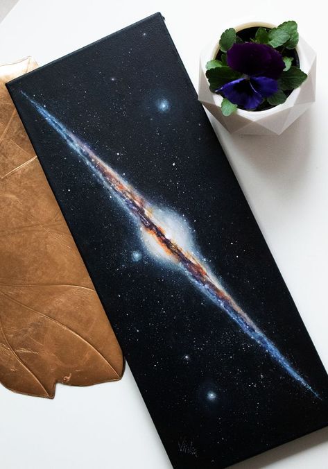 his painting is a representation of a galaxy named Needle galaxy. Stars in acrylic on canvas. Black Galaxy Painting, Physics Painting Ideas, Galaxy Painting Canvas, Aesthetic Space Painting, Paintings Of Space, Stars Painting Aesthetic, Space Themed Painting, Space Aesthetic Painting, Galaxy Art Drawing