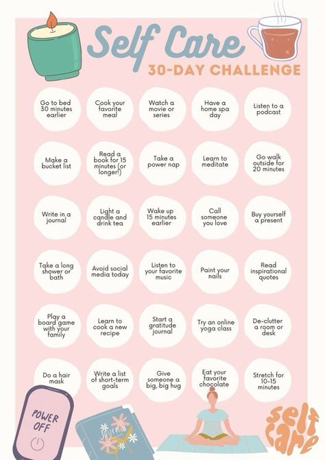 Embark on a journey of self-discovery and well-being with our Self-Care Challenge! Take time each day to prioritize yourself—whether it's a moment of meditation, a refreshing walk outdoors, or indulging in your favorite hobby. Small acts of self-care can make a big difference in how you feel mentally, physically, and emotionally. Join us in committing to self-care and nurturing a happier, healthier you!" Perfectly Timed Photos, 30 Days Challenge Self Care, Prioritize Yourself, Listen To Reading, Self Care Challenge, Spiritual Business, School Routines, Book Organization, Charts For Kids