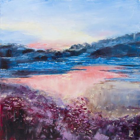 Pink Sunrise Painting, Sunrise Oil Painting, Pink Sunrise, Sunrise Landscape, Sunrise Painting, Sunrise Art, France Art, Figurative Artwork, Square Art