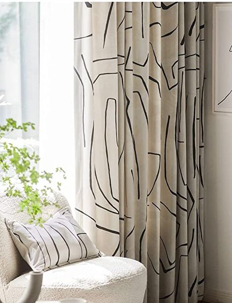 Curtains For Black And White Bedroom, Curtain Patterns Living Room, Black And White Pattern Curtains, Black And Cream Curtains Living Room, Modern Dining Room Curtain Ideas, Black And White Living Room Curtains, African Curtains Living Rooms, Cream And Black Curtains, Geometric Living Room Decor