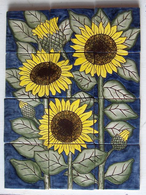 Terracotta tile set decorated with sunflower design. Sunflower Tile Backsplash, Sunflower Tile, Tile Flowers, Terracotta Tile, Sunflower Wall Art, Sunflower Decor, Terracotta Tiles, Sunflower Design, Tile Backsplash