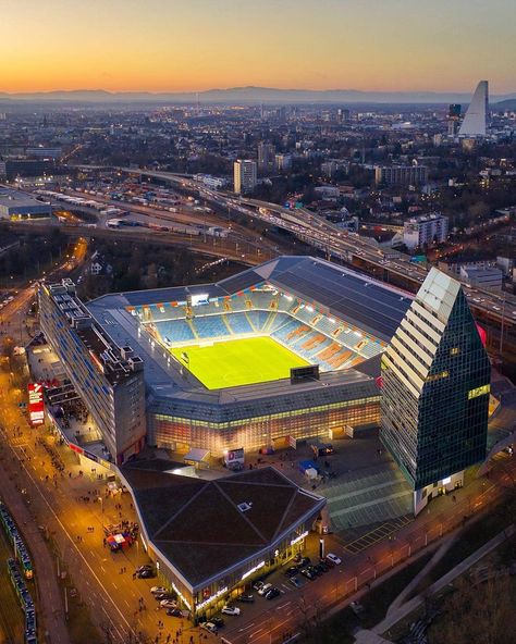 St. Jakob-Park, FC Basel, Switzerland  @aluarts Stadium Architecture, Tumblr, Fc Basel, Prefab Buildings, Stadium Design, Basel Switzerland, Football Icon, Sports Stadium, Minecraft Tips