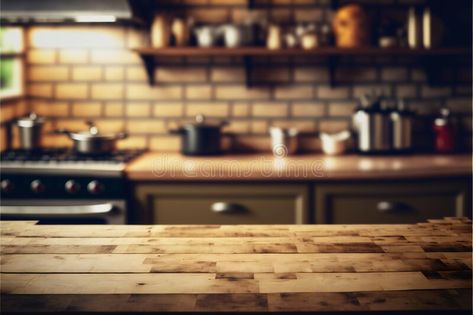 Wood table top on blur kitchen room counter, arts & architecture, indoor stock photography Indoor Illustration, Insta Template, Wheat Flower, Kitchen Slab, Kitchen Background, Party Images, Chef Party, Photography Indoor, Bokeh Photography