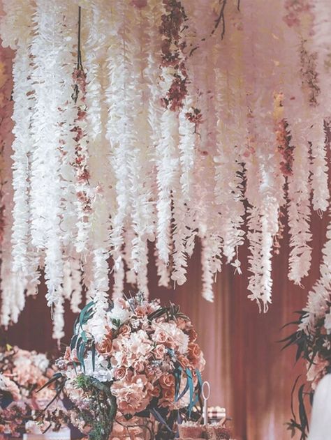 Wisteria Tree Room Decor, Hanging Flowers From Ceiling, Blue Hyacinth Flower, Venue Ceiling, Wedding Decorations Indoor, Floral Chandelier Wedding, String Flower, Wisteria Wedding, Luxury Powder