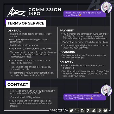 Yooo! ADRZ Commissions are now open! ✨ You can check out the prices, terms, contacts, and sample works on this pin. Looking forward to illustrating your ideas! 🥰 Thanks and have a great day. 😊 Art Commision Sheet, Carrd Inspo Art Commissions, Comissions Art Prices Template, Art Comissions Template, Commissions Open Template, Art Commissions Template, Commission Sheet Ideas, Art Commission Sheet Template, Artist Commission Sheet