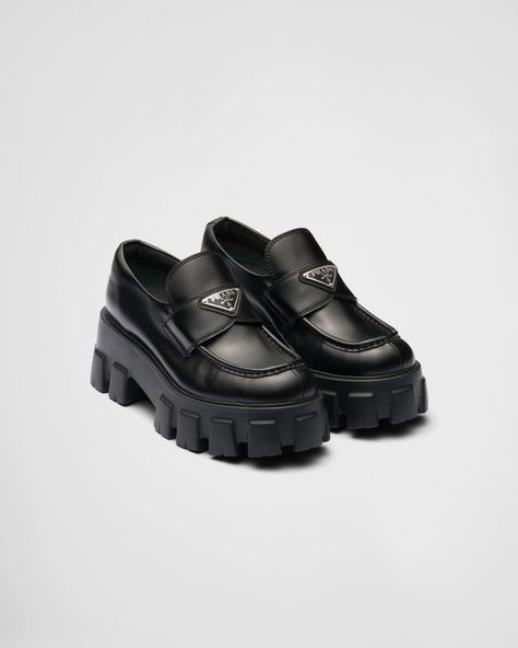 Black Brushed leather Monolith loafers | Prada Prada Loafers Women, Loafers With Jeans, Sepatu Loafers, Prada Monolith, Prada Clothing, Prada Loafers, Loafers Women, Dr Shoes, Chunky Loafers