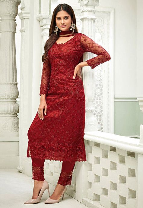 Net Clothes, Red Salwar Suit, Pant Suits For Women, Mehndi Ceremony, Fashion Glamour, Utsav Fashion, Heavy Embroidery, Indian Embroidery, Salwar Kameez Designs