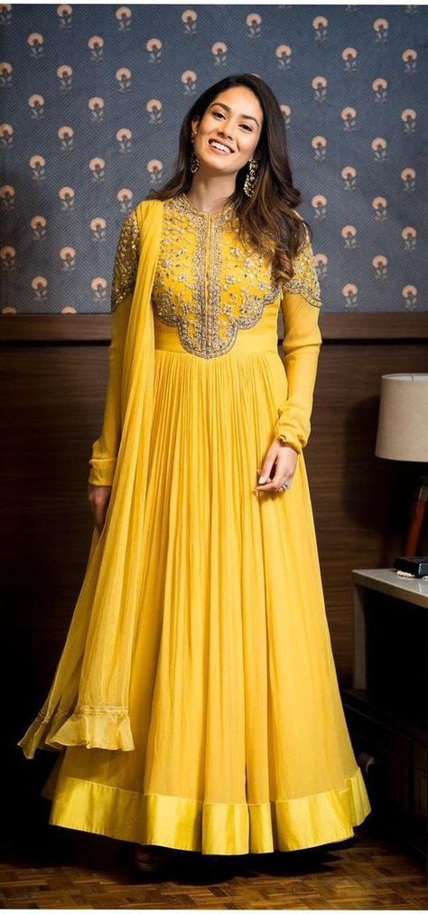 Latest Anarkali Suits Party Wear, Mira Kapoor Anarkali, Yellow Party Wear Dresses, Anarkali From Lehenga, Mira Kapoor Indian Outfits, Jayanthi Reddy Anarkali, Mira Kapoor Lehenga, Ridhi Mehra Anarkali, Anarkali For Wedding Guest