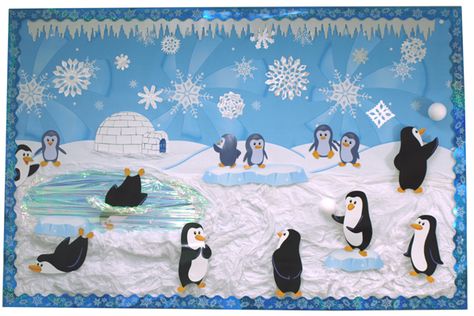 penguin bulletin board via castlehill crafts Winter Season Board Ideas, December January Bulletin Boards, Winter Village Bulletin Board, Winter Bulletin Board Ideas For Daycare, Penguin Bulletin Board Ideas, January Bulletin Board Ideas, Winter Bulletin Board Ideas, Bulletin Board Ideas For Teachers, Winter Boards