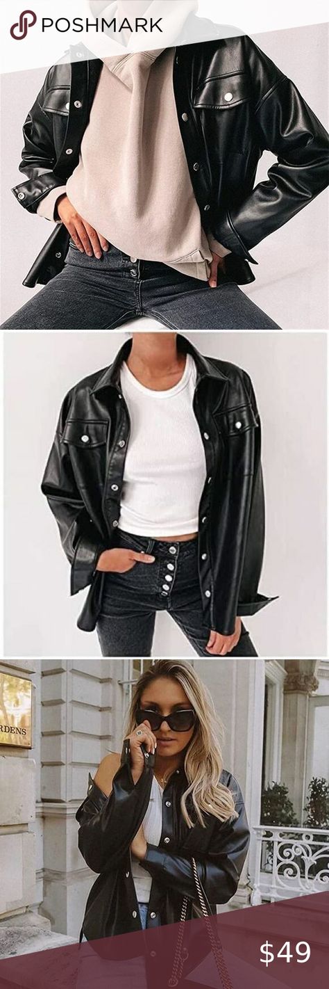 Black faux leather Shacket buttondown longer in back size M oversized Leather, Leather Shacket, The Shack, See Video, Black Faux Leather, Faux Leather, Blazer, Outfit Inspo, Plus Fashion