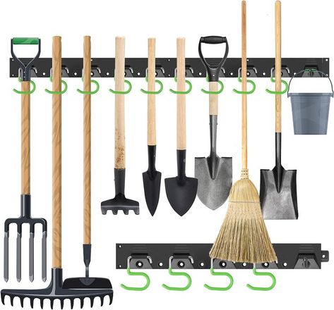 Wall Mounted Hooks Tool Organizer，Garden Tool Hangers, Black Lawn Tool Storage, Small Garden Tools, Garden Tool Rack, Tool Hangers, Garden Tool Organization, Garage Tool Organization, Broom Holder, Mops And Brooms, Wall Mounted Hooks