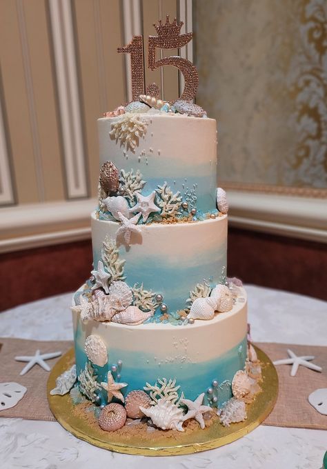 Wedding Cake Sea Theme, Ocean Wedding Cake Ideas, Sea Themed Quinceanera, Under The Sea Sweet 16 Cake, Costal Theme Birthday Party, Quinceanera Under The Sea Theme, Quinceanera Beach Theme, Sweet 16 Ocean Theme, Mermaid Theme Quinceanera