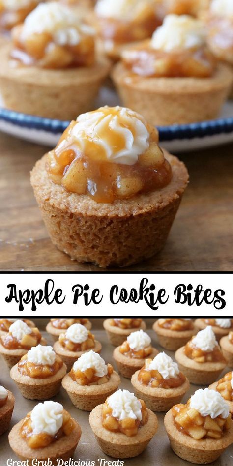 A double collage photo of mini apple pie cookie cups. Winter Cookie Recipes, Apple Pie Cookie Cups, Easy Bite Size Desserts, Tart Apple Pie, Holiday Munchies, Apple Pie Cookie, Apple Bites Recipe, Canadian Dessert, Apple Pie Cupcakes