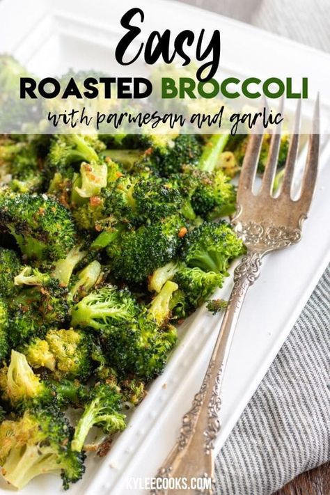 Roasted Broccoli is the unsung hero of weeknight dinner sides. This easy recipe is hands-off and super delicious! If you want your family to eat broccoli and LOVE it, give this a try! #garlic #parmesan #broccoli #vegetables #sides #kyleecooks Lake Meals, Garlic Parmesan Broccoli, Broccoli Cheese Soup Crockpot, Vegetables Sides, Roast Frozen Broccoli, Parmesan Roasted Broccoli, Broccoli Sauteed, Roasted Broccoli Recipe, Low Carb Side