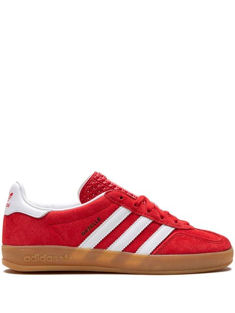 Gazelle Indoor 'Scarlet Cloud White' sneakers from adidas featuring red, leather, suede, signature 3-Stripes logo, contrasting heel counter, round toe, front lace-up fastening, logo-print tongue, branded insole and gum-rubber sole. These styles are supplied by a premium sneaker marketplace. Stocking only the most sought-after footwear, they source and curate some of the most hard to find sneakers from around the world.. This item is in size 10 and the color is Red Laces Shoes, Adidas Red Gazelle, Red Sambas, Red Adidas Gazelle, Red Adidas Shoes, Sneakers Farfetch, Adidas Gazelle Indoor, Sales Clothes, Adidas Originals Gazelle