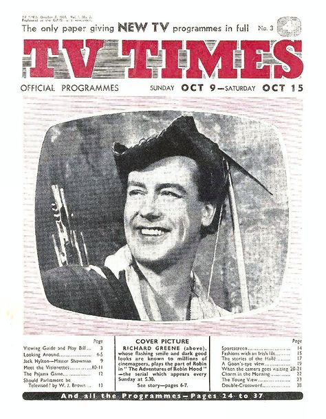 TV Times, October 1955. (Richard Greene as Robin Hood) Newspaper Front Pages, Historical Newspaper, Classic Television, Old Tv Shows, British Tv, Vintage Tv, Tv Times, Time Magazine, Tv Guide