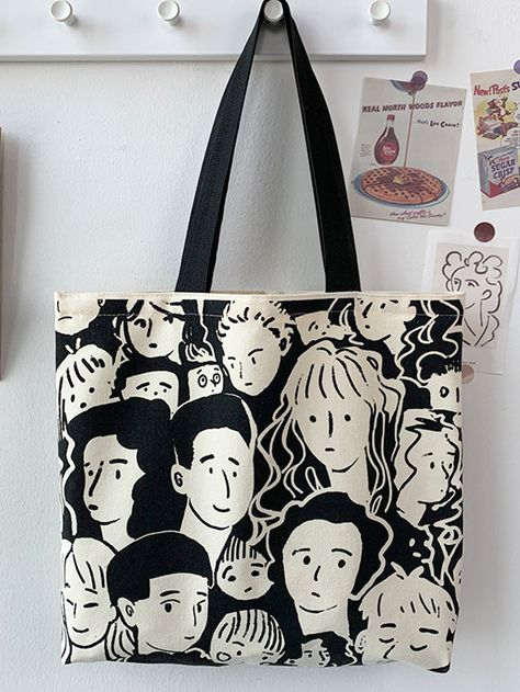 Canvas Shopper Bag, Trendy Scarves, Elegante Y Chic, Printed Canvas Tote Bag, Vintage Aesthetic Fashion, Carryall Tote, Black And White Canvas, Chic Bags, Zipper Tote Bag