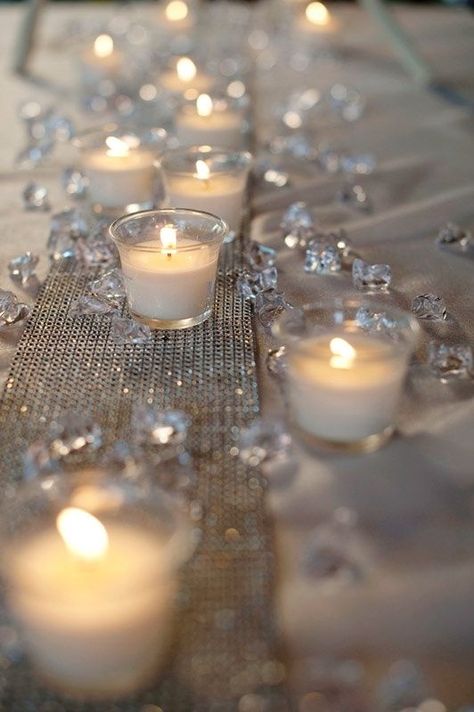 How To Nail Serious Sparkle at Your Wedding! (Crystals, Rhinestones and All Things Shiny) | WedMeGood Winter Wonderland Wedding Centerpieces, 60th Anniversary Parties, Candles Flowers, Tafel Decor, Diamond Party, Cha Bar, Gatsby Theme, 60 Wedding Anniversary, Denim And Diamonds