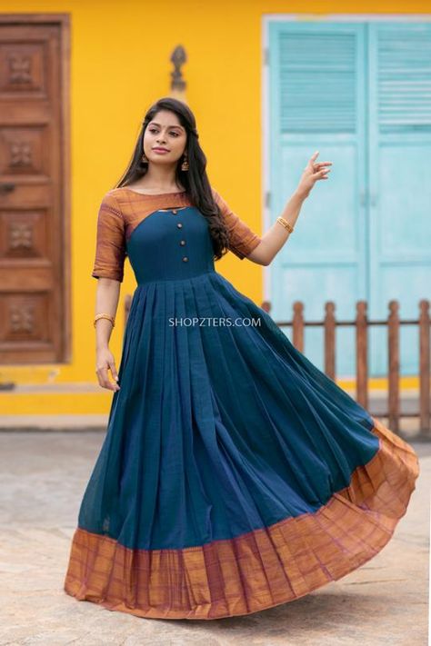 South Indian Frocks, Traditional South Indian Blouse Designs, South Indian One Piece Dress, Crop Tops With Long Skirts, South Indian Long Frocks, South Indian Gown Designs, Long Frock Models With Pattu Sarees, Narayanpet Dress Designs, Paavadai Satai Women