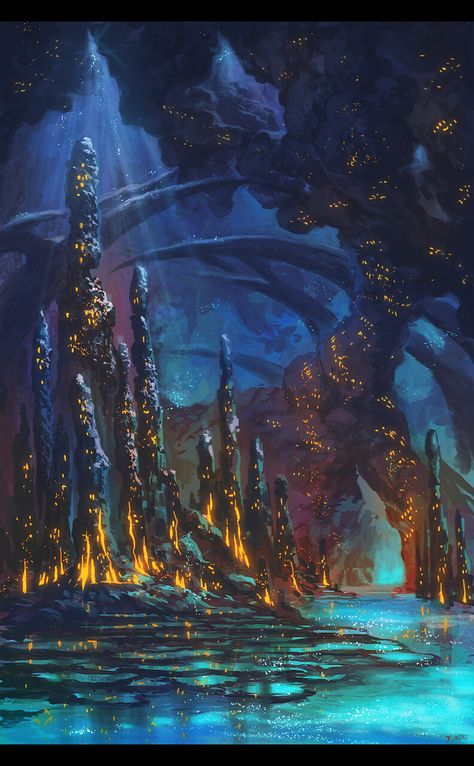 ArtStation - Undersea cave city, J. taneda Cave City Fantasy Art, Cave City, Underwater Caves, Underwater City, Undersea World, Fantasy Background, Location Inspiration, City Painting, Fantasy Castle