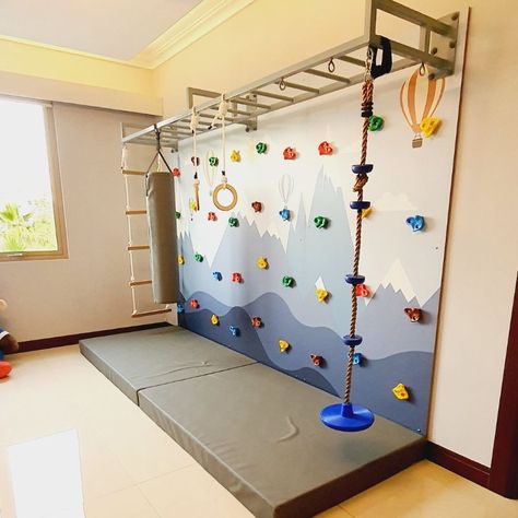 Indoor Zipline Home, Sensory Motor Room Ideas, Climbing Playroom Ideas, Basement Gross Motor Room, Diy Indoor Rock Climbing Wall, Dens For Kids Indoor, Small Indoor Play Gym, Indoor Hammock For Kids, Indoor Kids Gym Playroom