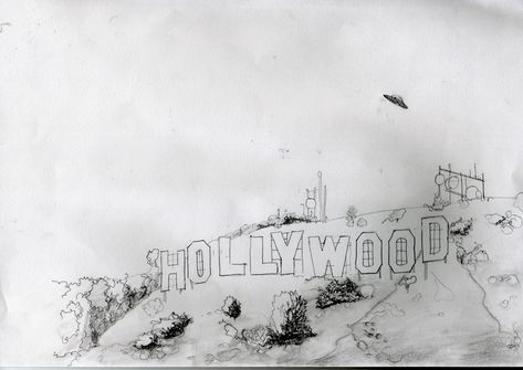 Another commission I did for somebody living in Hollywood. Above the Holywood sign is an imaginary UFO hovering around, looking about. Pencil and paper only. #artwork #drawing #UFO #hollywood #figureativeart #artgallery #graphics #design #unexplained Hollywood Sign Drawing, Hollywood Sign Tattoo, Hollywood Drawing, Ufo Drawing, Lil Tattoos, Elbow Tattoo, Summer Journal, Painting Reference, Drawing Prompts