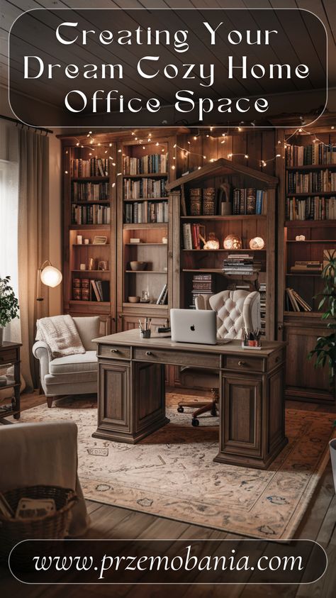 Elevate your home office space with stylish and functional interiors. Explore home office design ideas that prioritize comfort and productivity. Ideal for small working spaces, these office interiors will help you create a cozy home office that inspires and motivates.

#cozyhomeoffice #homeofficespace #officedesign #homeofficeinspiration #smallworkspace #homeofficedecor #homeofficelayout #officeinteriors #indoordesign #homedécor Office Room In Home, Small Office With Shelves, Cozy Work From Home Set Up, Library Wall Office, Turning A Bedroom Into An Office, Academic Home Office, Home Office Library Ideas Cozy, Small Dark Academia Office, Sophisticated Home Office