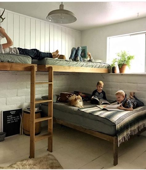 Boys room Bunk Bed Rooms, Bunk Rooms, Cool Bunk Beds, Bunk Beds With Stairs, Bunk Bed Designs, Space Bedding, Kids Bunk Beds, Bunk Room, Bunk House