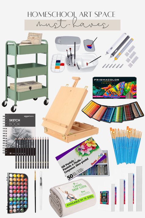 A collage of items for a homeschool art space.

Products feature a green three-drawer bin, a paintbrush cleaning set, an automatic fine-tip eraser, a tabletop easel, a sketch pad and graphite pencils, watercolor paints, a drop canvas, a pack of four sizes of canvas boards, paintbrushes, and Prismacolor colored pencils.

All items are budget-friendly and can be found easily on my Amazon shop. Things That Artists Need, Organisation, Art Supplies You Need To Get, Art Equipment Aesthetic, Painting Items Products, Favorite Art Supplies, Amazon Art Must Haves, Art Supplies Every Artist Needs, Drawing Supplies Organization