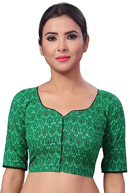 Printed Saree Blouse, Boat Neck Saree Blouse, Green Ikat, Cotton Saree Blouse, Cotton Sari, Ready To Wear Saree, Indian Wedding Wear, Indian Blouse, Ikat Print