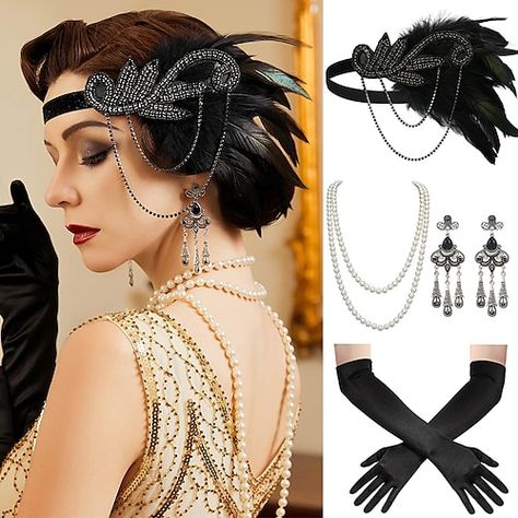 Flapper Accessories 20s Style, Roaring 20s Headpiece, Old Hollywood Tuxedo, Great Gatsby Quinceanera, Great Gatsby Bachelorette, Harlem Nights Outfits, The Great Gatsby Fashion, Roaring 20s Makeup, 1920s Party Outfit