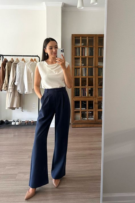 Summer Business Looks Women, Appropriate Business Attire, Business Professional Outfits Shoes, Navy Slacks Outfit Women Work Attire, Modern Work Wear Women, Styling Tailored Pants, Slacks And Button Down Women, Summer Work Outfits Formal, Business Casual Outfits Pants