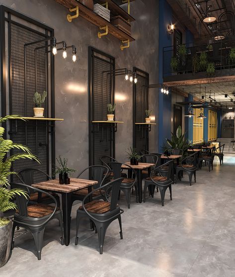 Industrial Coffee Shop Design, Industrial Restaurant Interior, Industrial Bar Design, Industrial Restaurant Design, Restaurant Design Rustic, Industrial Coffee Shop, Industrial Bars, Cafe Industrial, Bar Industrial