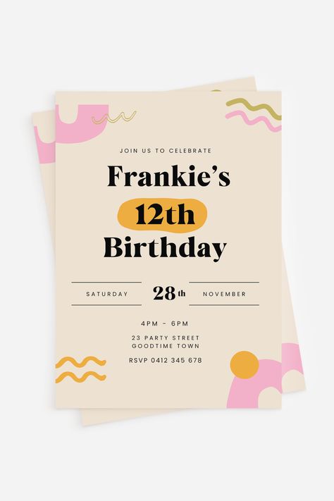 Do you have a 12th birthday party coming up? If so, you'll love our bright 12th birthday invitation! This printable invitation is perfect for your tween's special day. You can customise the wording to fit your party perfectly. Plus, our instant download makes it easy to get your invitations printed and ready to go. 12 Birthday Invitations, 11 Birthday Invitations, 13 Birthday Invitations, 10 Year Birthday Party Ideas, 12th Birthday Ideas, 12th Birthday Party Ideas For A Girl, Bday Invitation Cards, Birthday Invite Ideas, Invitation Card Design Birthday
