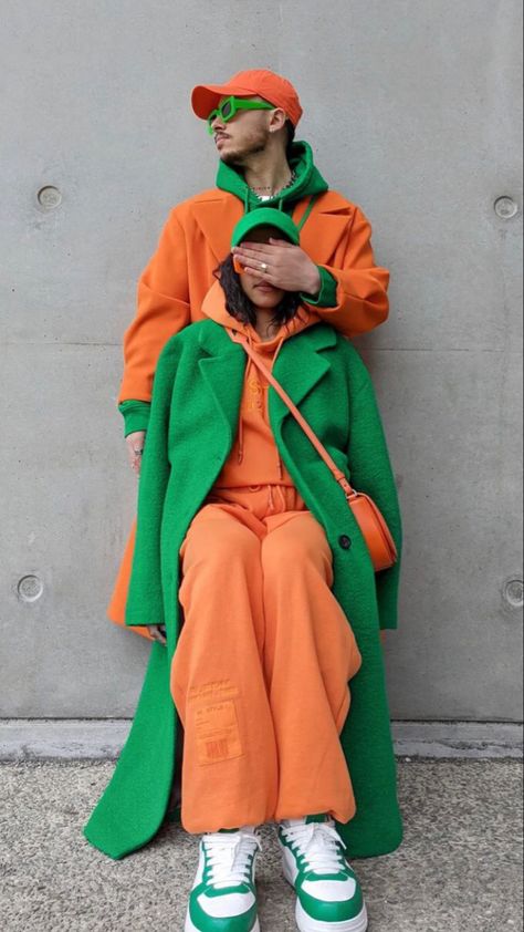 Orange And Green Outfit Streetwear, Lime Green And Orange Outfit, Orange And Green Outfits For Women, Green And Orange Outfit Men, Worship Photoshoot, Orange Streetwear Outfit, Yellow And Orange Outfit, Orange Green Outfit, Green Orange Outfit