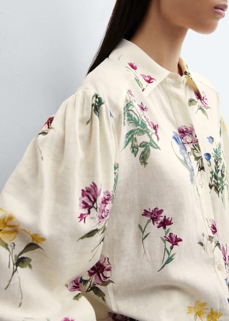 Floral linen-blend shirt - Women | Mango United Kingdom Floral Blouses, Mango Outlet, Linen Blend Shirt, Embroidery Flower, Floral Print Fabric, Floral Print Shirt, Puffed Sleeves, Design Floral, Feminine Look