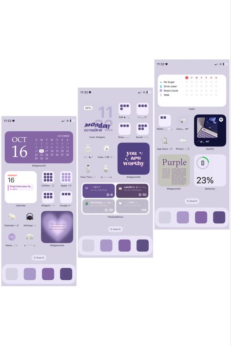 Purple aesthetic iphone homescreen theme layout idea Home Screen Layout Purple, Iphone Home Screen Purple, Purple Aesthetic Lockscreen, Homescreen Y2k, Cute Aesthetic Lockscreen, Purple Aesthetic Iphone, Phone Organization Home Screen, Aesthetic Iphone Homescreen, Homescreen Theme