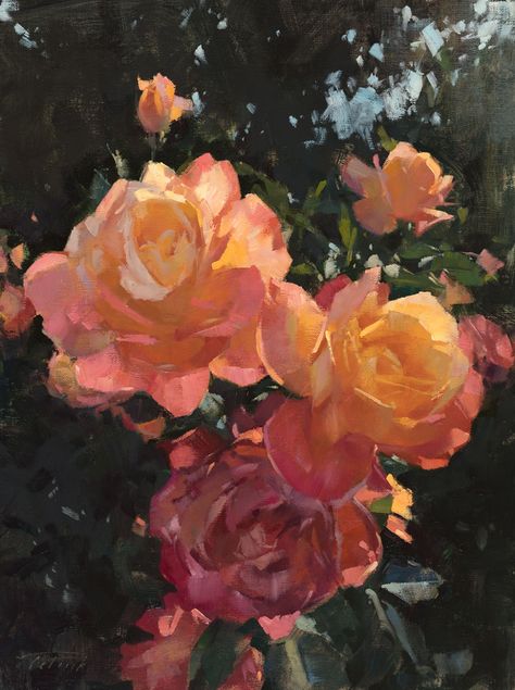 Patrick Saunders Fine Arts - Oil on Linen - Roses In Washington Park Tela, Rose Oil Painting, Fleur Orange, Rose Wall Art, Representational Art, Floral Oil Paintings, A Silent Voice, Rose Art, Rose Painting