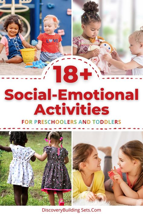 18 easy social-emotional learning activities for preschoolers and toddlers that support relationship skills: identifying their emotions and understanding others' feelings. Sharing and turn-taking activities for toddlers and preschoolers. Cooperation and friendship skills for kids. Build their skills with easy, interactive, and fun activities. Try them now! Social Emotional Play Activities, Social Emotional Small Group Preschool, Farm Social Emotional Activities Preschool, Intellectual Activities For Preschoolers, Social Emotional Learning Activities Pre K, Preschool Social Emotional Activities Small Groups, Social And Emotional Development Activities For Preschoolers, Social Skills Activities Preschool, Social And Emotional Learning Activities Preschool