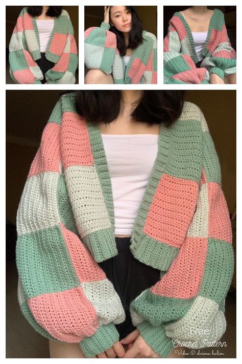 Patchwork Cardigan Free Crochet Pattern Video Tutorial Patchwork Cardigan Color Ideas, All Things Crochet, Crochet Square Sweater Pattern, Knitting Inspiration Sweaters & Cardigans, Patchwork Crochet Sweater Layout, How To Crochet Cardigan, Patch Crochet Cardigan, Crochet Checkered Cardigan, Crochet Cardigan Layout