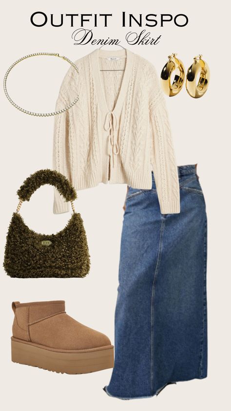 How to style a long denim skirt for fall. Jean skirt outfits fall. Maxi skirt outfit fall. Casual edgy outfit. Fall outfit ideas. Fall outfit inspiration. UGG boots styling ideas. How to wear UGG boots. Cozy fall outfits. #fashion #aesthetic #fallfashion #falloutfit #denim #denimstyle #denimskirt #uggs #uggbootsforwomen #uggseason #uggbootoutfit Uggs Skirt Outfit, Ugg Skirt Outfit, Jeans Long Skirt Outfit, Long Denim Skirt Aesthetic, Fall Jean Skirt Outfits, Long Knit Skirt Outfits, Fall Jean Skirt, Maxi Jeans Skirt Outfit, Jean Maxi Skirt Outfit