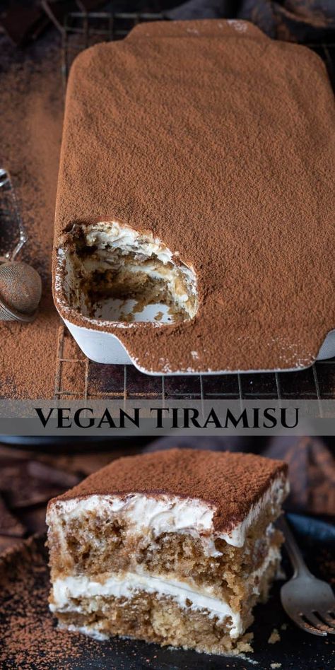 Vegan tiramisu - this vegan version of the classic Italian dessert consists of vanilla cake fingers soaked with boozy spiked coffee which are layered with a smooth cashew cream and all topped off with a thick dusting of cocoa powder. It is rich, creamy and utterly irresistible! #veganbaking #vegandessert #eggless #dairyfree Easy Vegan Tiramisu, Gf Df Vegan Dessert, Vegan Terimasu, Italian Desserts Vegan, Best Vegan Baking Recipes, Tiramisu Recipe Vegan, Healthy Vegan Tiramisu, Vegan Espresso Cake, Silken Tofu Tiramisu