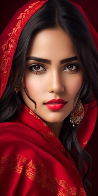 A woman with a red scarf and red scarf | Premium Photo #Freepik #photo #woman-illustration #girl-illustration #female-illustration #indian-women Women Wallpapers Beautiful, Girl Picturing, Beautiful Women's Faces, Beautiful Art Female, Female Illustration Art, Ladies Wallpaper, Beautiful Girls Wallpapers, Female Portrait Painting, Womens Painting