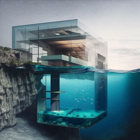 A beautiful house on a cliff, conceptualized by architect Danny Wang ~.~ Underwater Building, Cliff Villa, Cliff Houses, House On A Cliff, Cliffside House, A Beautiful House, Mansion Floor Plan, Beachfront Home, Cliff House